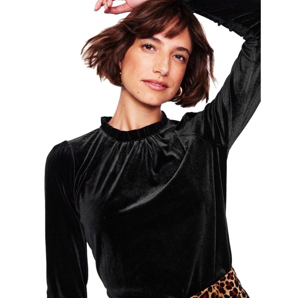 Boden Women’s Black Velvet Frill Neck Top Size US 6